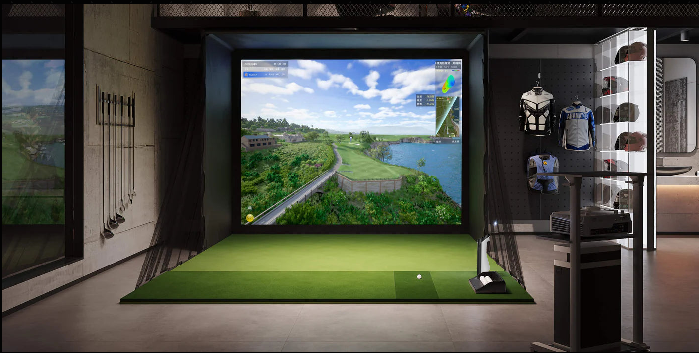 GOLFJOY professional personal golf simulator setup in a modern home garage with Spica 3 launch monitor
