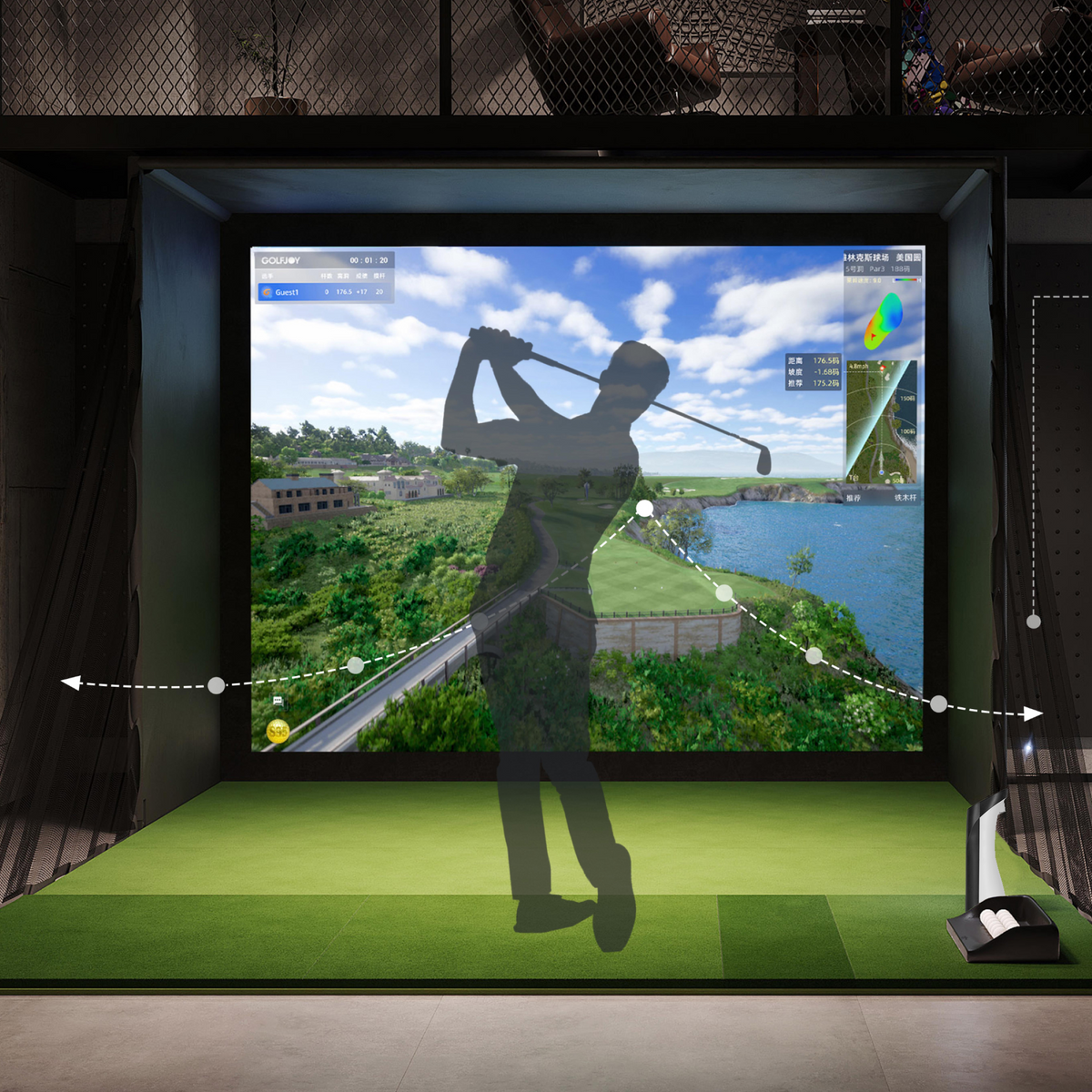 Indoor golf launch monitor placed behind hitting mat in a home simulator room