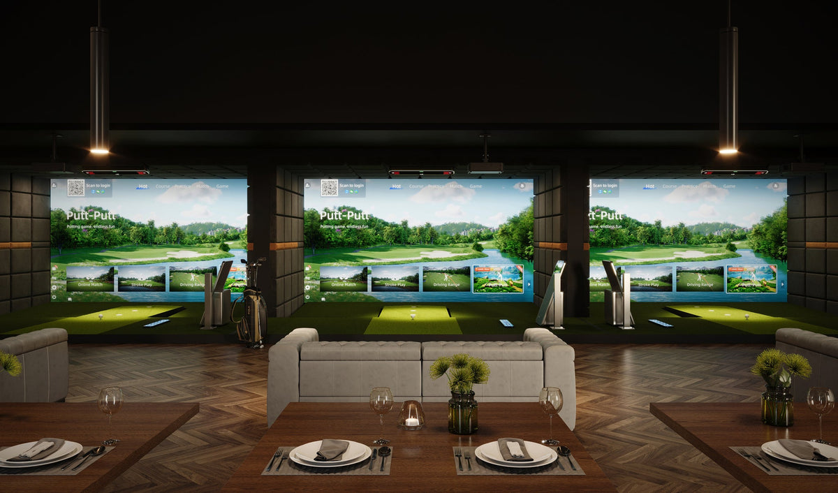 Commercial golf simulator in a business venue