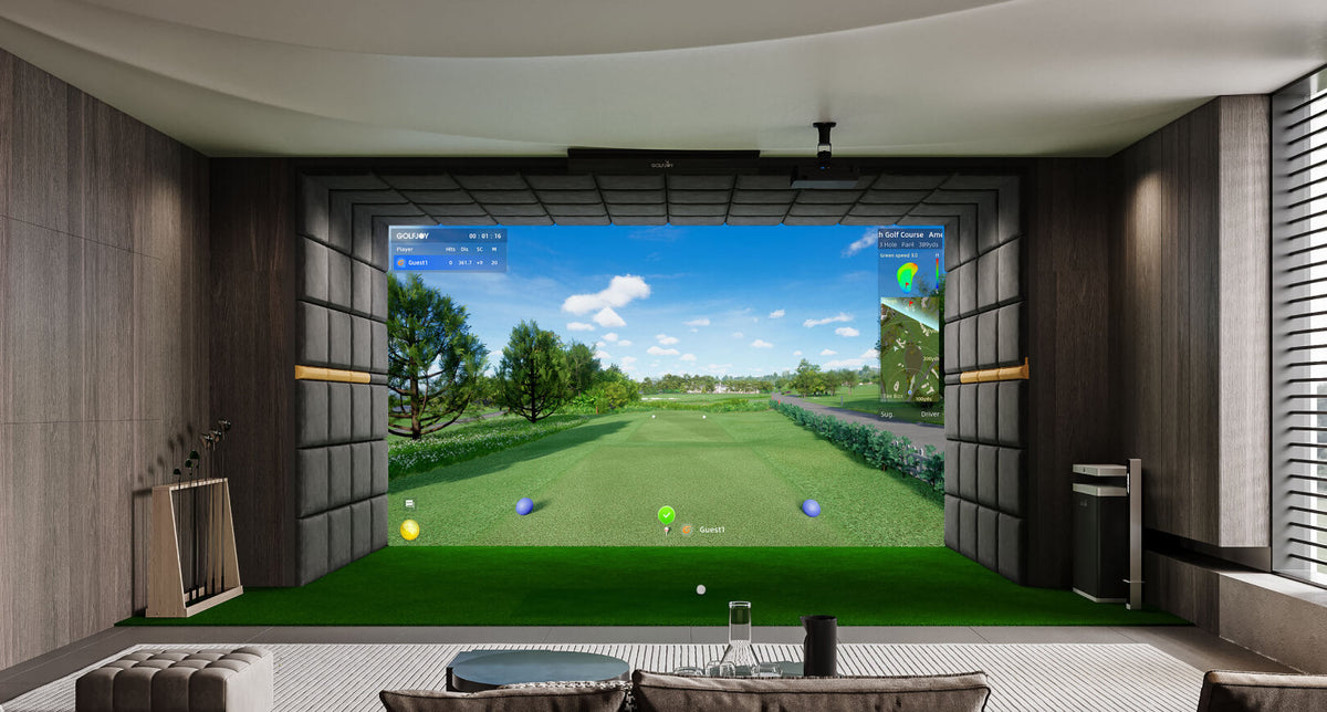 Home golf simulator setup in a living room