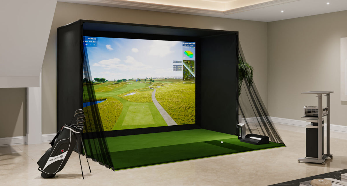 Home golf simulator setup in a garage