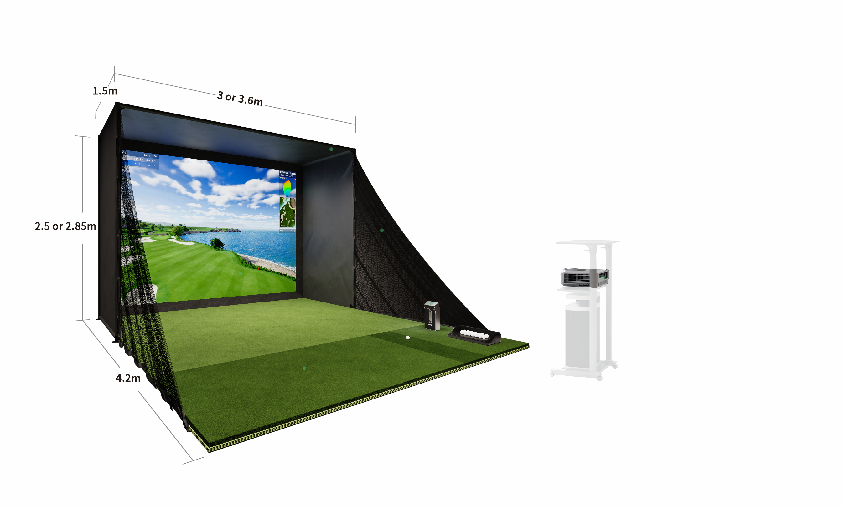 GolfJoy PGS Dimensions — 3 or 3.6m wide × 2.5 or 2.85m tall × 4.2m deep